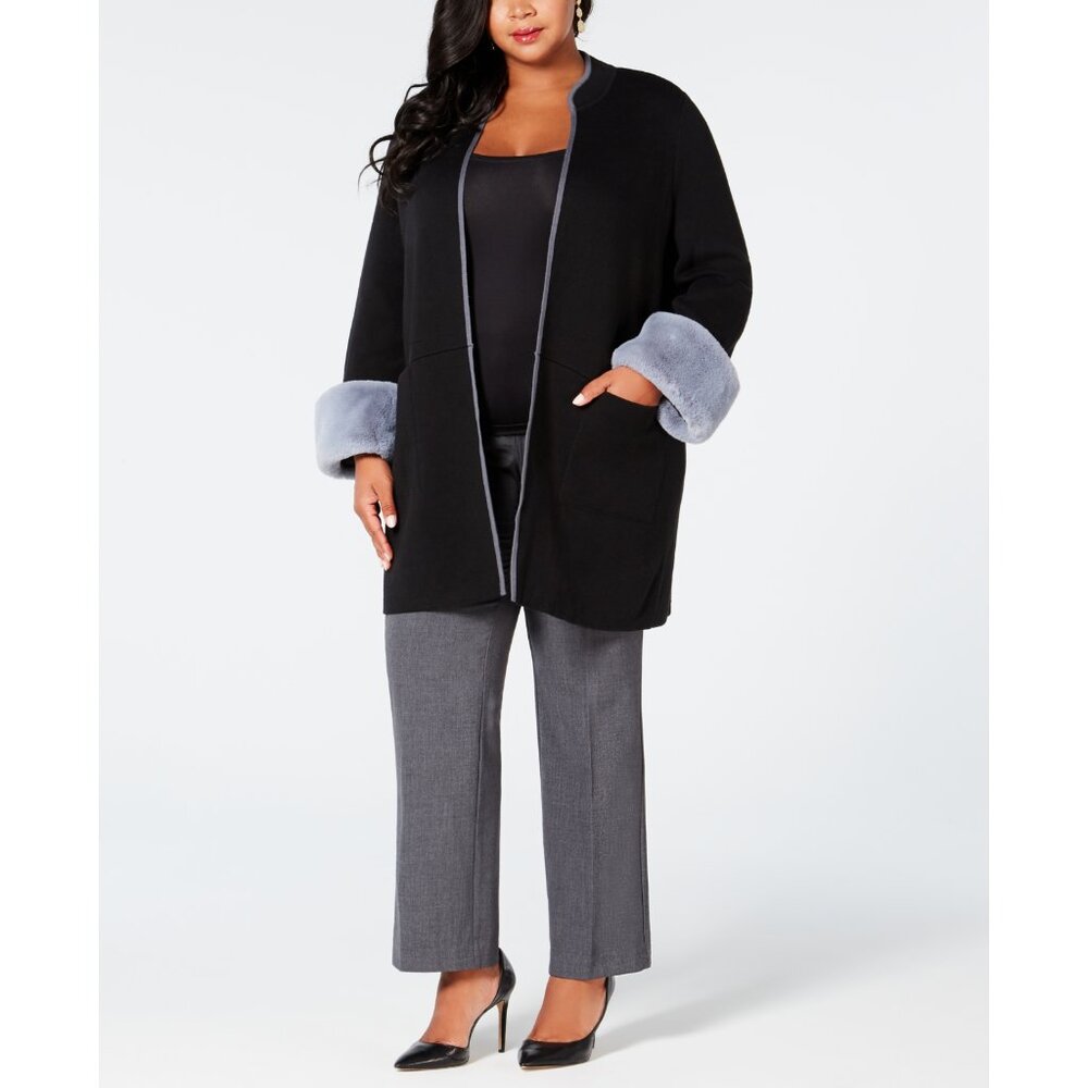 NWT Alfani Womens Plus Size 3X Black Faux Fur Cuff Longline Cardigan Sweater NEW